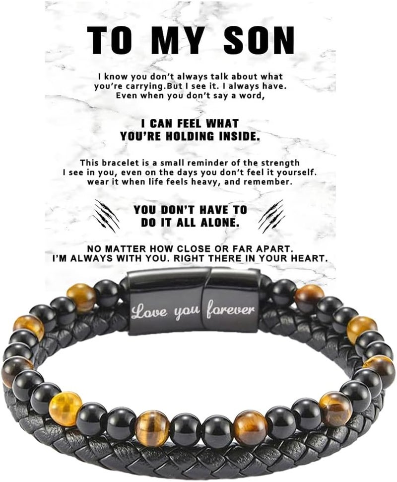 DivaGlamz The Guardian - Son's Tiger Eye Protection Bracelet From Mom, Black Braided Leather natural stone Inspirational Bracelets Engraved Love You Forever Birthday Gift Jewelry - Image 1